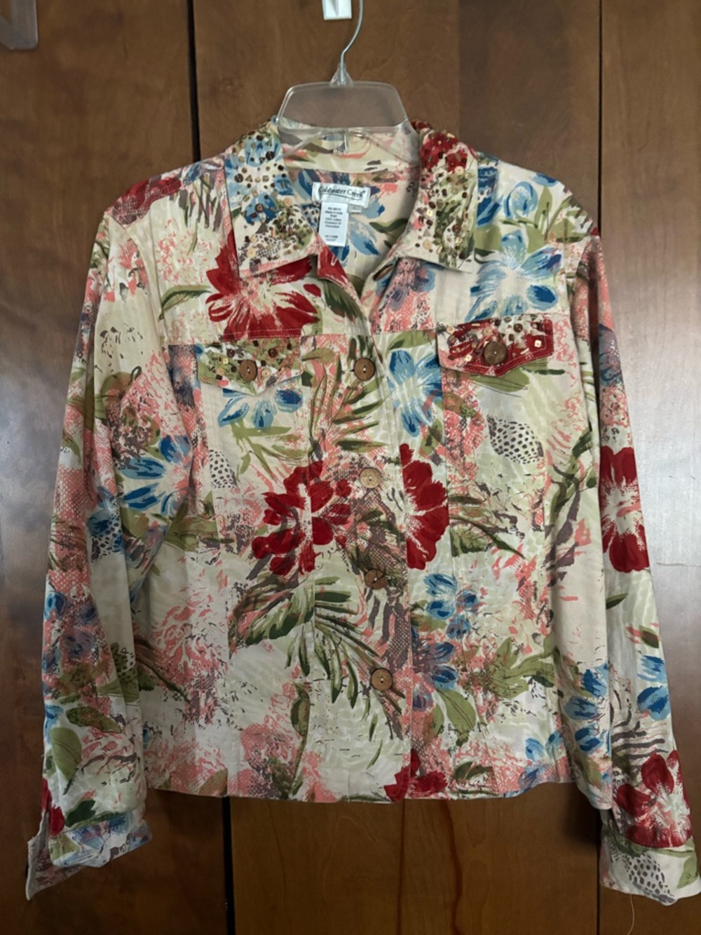 Coldwater Creek Cream Floral Cotton Top with Blue & Red Print